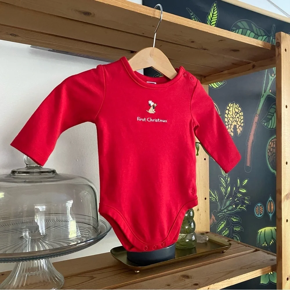 Janie and Jack Red Baby’s First Christmas Dog Embroidered Onesie
